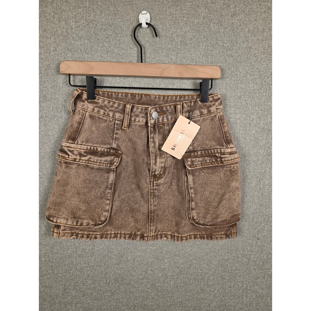Y2K BAE Brown Acid Wash Cargo Denim Mini Skirt Y2K Utility Size 25 NWT
